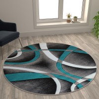 Atlan Collection 5 x 5 Turquoise Round Abstract Area Rug Olefin Rug with Jute Backing Entryway Living Room or Bedroom