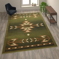 Lodi Collection Southwestern 8 x 10 Green Area Rug Olefin Rug with Jute Backing for Hallway Entryway Bedroom Living Room