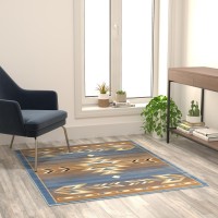 Lodi Collection Southwestern 4 x 5 Blue Area Rug Olefin Rug with Jute Backing for Hallway Entryway Bedroom Living Room