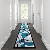 Elias Collection 3 x 10 Turquoise Geometric Abstract Area Rug Olefin Rug with Jute Backing Hallway Entryway or Bedroom