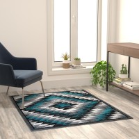 Teagan Collection Southwestern 4 x 5 Turquoise Area Rug Olefin Rug with Jute Backing Entryway Living Room Bedroom