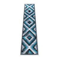 Teagan Collection Southwestern 2 x 11 Turquoise Area Rug Olefin Rug with Jute Backing Entryway Living Room Bedroom