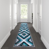 Teagan Collection Southwestern 2 x 11 Turquoise Area Rug Olefin Rug with Jute Backing Entryway Living Room Bedroom