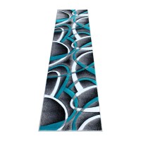 Atlan Collection 2 x 7 Turquoise Abstract Area Rug Olefin Rug with Jute Backing Entryway Living Room or Bedroom