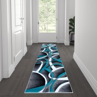 Atlan Collection 2 x 7 Turquoise Abstract Area Rug Olefin Rug with Jute Backing Entryway Living Room or Bedroom