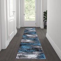 Rylan Collection 2 x 7 Blue Abstract Area Rug Olefin Rug with Jute Backing for Hallway Entryway Bedroom Living Room