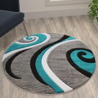 Atlan Collection 4 x 4 Turquoise Round Abstract Area Rug Olefin Rug with Jute Backing Entryway Living Room or Bedroom