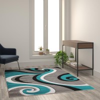 Athos Collection 5 x 7 Turquoise Abstract Area Rug Olefin Rug with Jute Backing Hallway Entryway or Bedroom