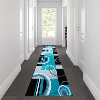 Audra Collection 3 x 10 Turquoise Abstract Area Rug Olefin Rug with Jute Backing Entryway Living Room or Bedroom