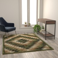 Teagan Collection Southwestern 5 x 7 Green Area Rug Olefin Rug with Jute Backing Entryway Living Room Bedroom