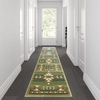 Lodi Collection Southwestern 2 x 11 Green Area Rug Olefin Rug with Jute Backing for Hallway Entryway Bedroom Living Room