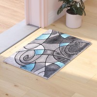 Jubilee Collection 2 x 3 Blue Abstract Pattern Area Rug Olefin Rug with Jute Backing for Hallway Entryway or Bedroom