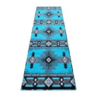 Mohave Collection 2 x 7 Turquoise Traditional Southwestern Style Area Rug Olefin Fibers with Jute Backing