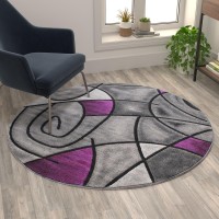 Jubilee Collection 5 x 5 Round Purple Abstract Area Rug Olefin Rug with Jute Backing Living Room Bedroom Family Room