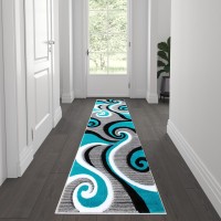 Athos Collection 2 x 7 Turquoise Abstract Area Rug Olefin Rug with Jute Backing Hallway Entryway or Bedroom