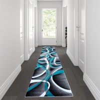 Atlan Collection 3 x 10 Turquoise Abstract Area Rug Olefin Rug with Jute Backing Entryway Living Room or Bedroom