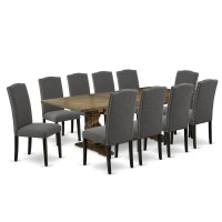 East West Furniture 11Pc Mid Century Dining Set Includes A Wooden Table And 10 Dark Gotham Grey Linen Fabric Upholstered Chairs