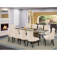 East West Furniture 11Piece Modern Dining Set Consists of a Dining Room Table and 10 Light Beige Linen Fabric Dining Chairs wit