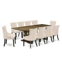 East West Furniture 11Piece Modern Dining Set Consists of a Dining Room Table and 10 Light Beige Linen Fabric Dining Chairs wit