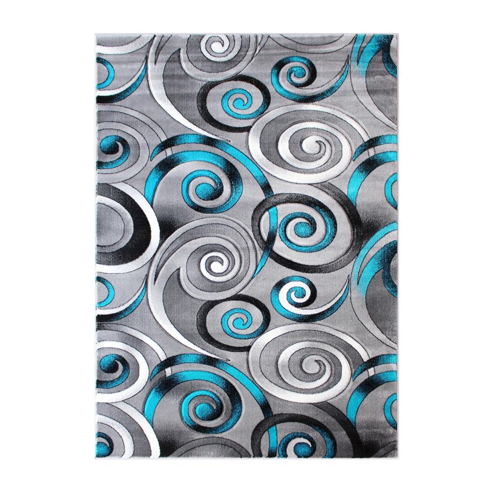 Masie Collection 5 x 7 Turquoise Swirl Olefin Area Rug with Jute Backing Entryway Living Room Bedroom