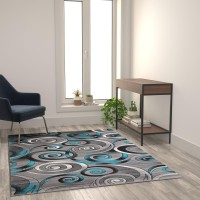 Masie Collection 5 x 7 Turquoise Swirl Olefin Area Rug with Jute Backing Entryway Living Room Bedroom