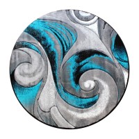 Tellus Collection 8 x 8 Round Olefin Turquoise Ocean Waves Pattern Area Rug with Jute Backing Entryway Living Room Bedroom