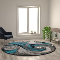 Tellus Collection 8 x 8 Round Olefin Turquoise Ocean Waves Pattern Area Rug with Jute Backing Entryway Living Room Bedroom