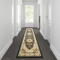 Mersin Collection Persian Style 3 x 10 Black Area Rug Olefin Rug with Jute Backing Hallway Entryway Bedroom Living Room