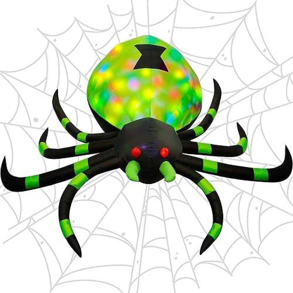 Yosager Halloween Inflatable Decorations 8Ft Long Lighted Green Black Spider Inflatables With Led Rotating Projection Outdoor