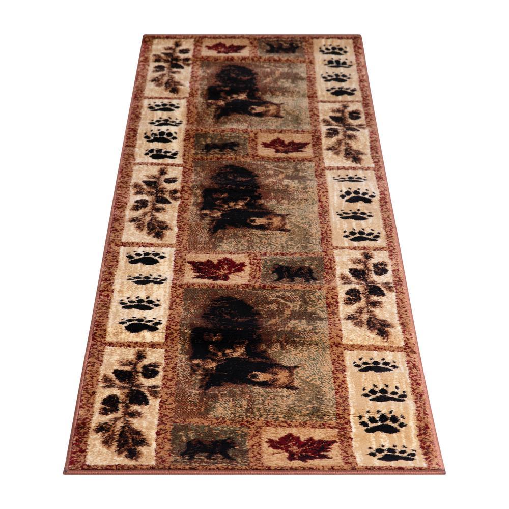 Vassa Collection 2 x 7 Mother Bear Cubs Nature Themed Olefin Area Rug with Jute Backing for Entryway Living Room Bedroom