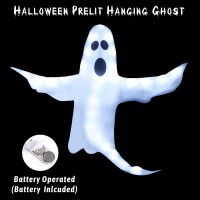 Ccinee Peek A Boo Hanging Ghost With White Lights 50 X 53 Prelit Large Spooky Outdoor Tree Wrap Ghost Decoration For Hallowe