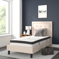 Roxbury Twin Size Tufted Upholstered Platform Bed in Beige Fabric with 10 Inch CertiPUR-US Certified Pocket Spring Mattress