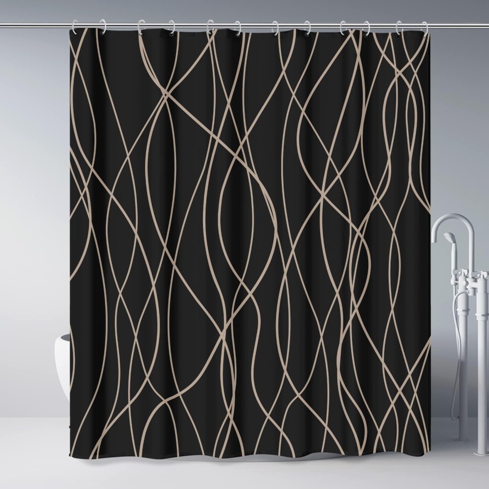 Punkray Black And Brown Striped Wavy Line Fabric Shower Curtain For Bathroom With 12 Hooks Shower Curtains For Bathroom 72 Inch