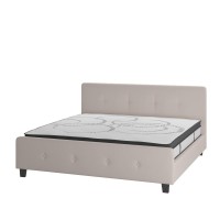 Tribeca King Size Tufted Upholstered Platform Bed in Beige Fabric with 10 Inch CertiPUR-US Certified Pocket Spring Mattress