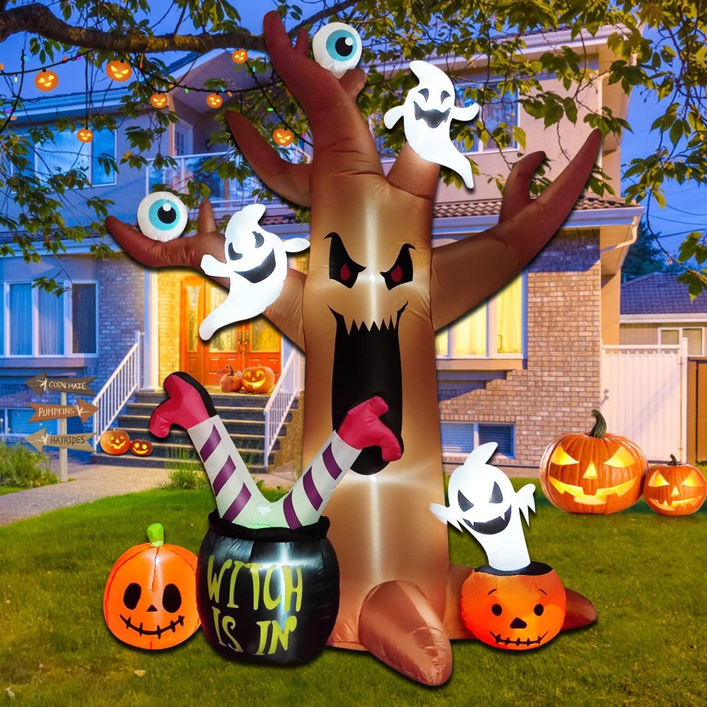 8 Ft Halloween Inflatables Outdoor Decorations Outdoor Spooky Halloween Tree With Blow Up Ghosts Eyeballs Pumpkins Cauldron