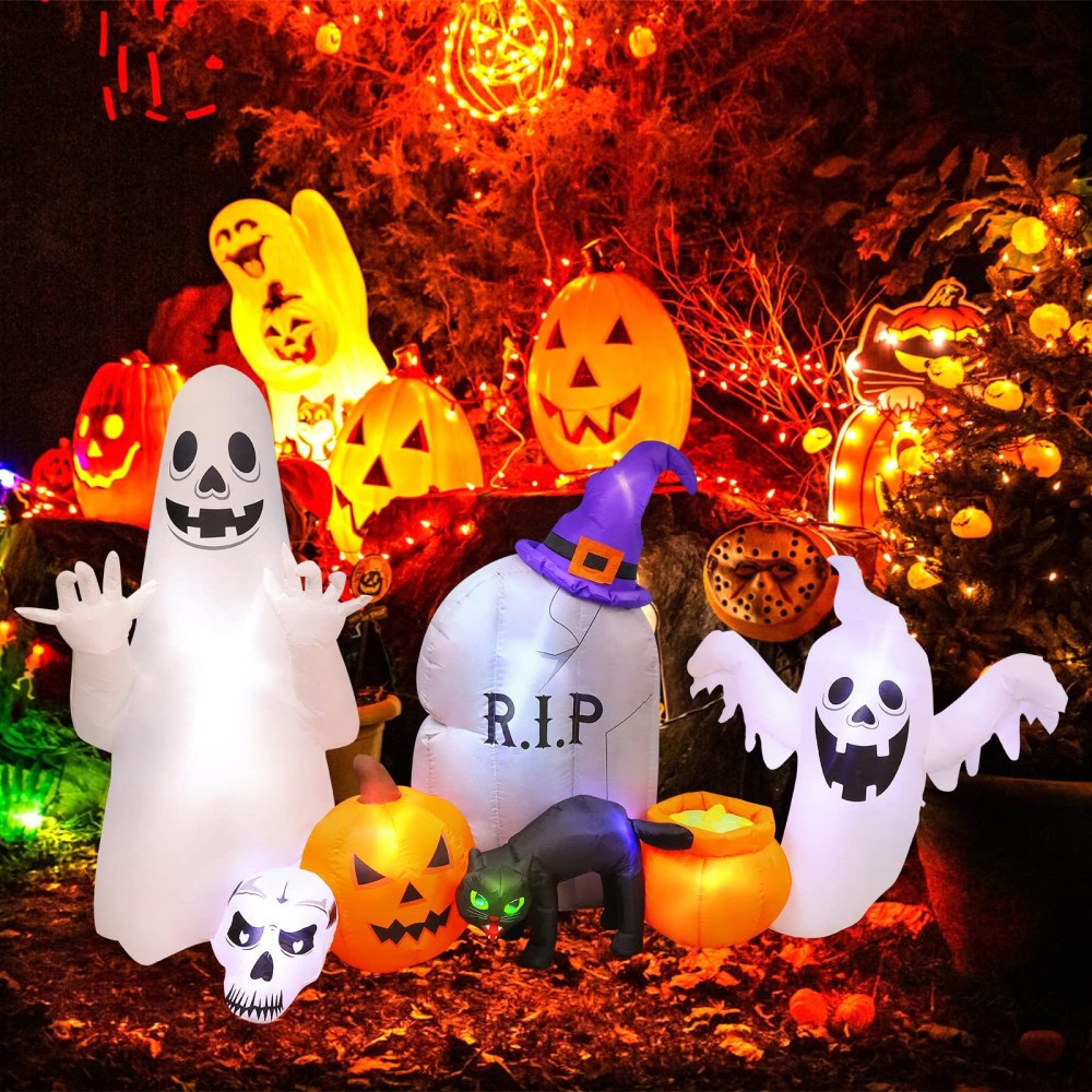 Mgparty 8Ft Halloween Inflatables Decorations Ghost Cat Pumpkin Outdoor Halloween Decor With Buildin Leds Blow Up Inflatable Fo