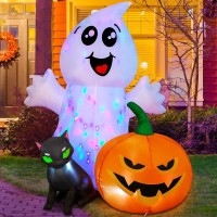 Comin Halloween Inflatable 5Ft Ghost With Black Cat And Pumpkin Builtin Leds Blow Up Yard Decoration For Party Outdoor Yard Ga