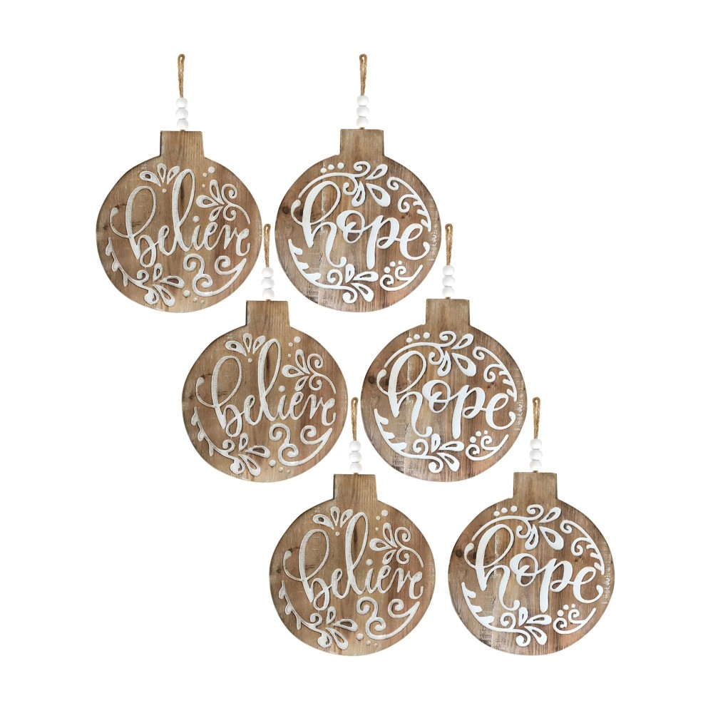 Wooden Believe and Hope Ornament Set of 6