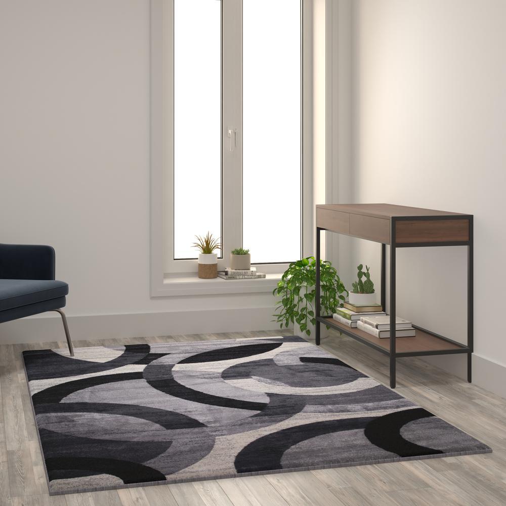 Harken Collection Geometric 5 x 7 Black and Gray Olefin Area Rug with Jute Backing Living Room Bedroom