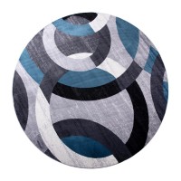 Harken Collection Geometric 8 x 8 Blue and Gray Round Olefin Area Rug with Jute Backing Living Room Bedroom