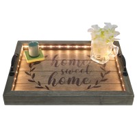 Elegant Designs Salento Farmhouse Rectangular Decorative LED Light Up Wooden Serving Tray with Black Metal Handles and Home Swe