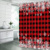 Jirgixa Rustic Christmas Shower Curtain Red Black Buffalo Check Plaid White Snowflake Vintage Farmhouse Winter Holiday Merry Chr