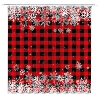 Jirgixa Rustic Christmas Shower Curtain Red Black Buffalo Check Plaid White Snowflake Vintage Farmhouse Winter Holiday Merry Chr