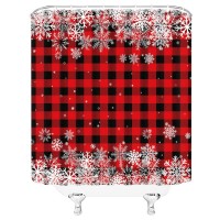 Jirgixa Rustic Christmas Shower Curtain Red Black Buffalo Check Plaid White Snowflake Vintage Farmhouse Winter Holiday Merry Chr