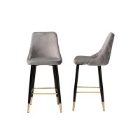 Baxton Studio Giada Contemporary Glam and Luxe Grey Velvet Fabric and Dark Brown Finished Wood 2Piece Bar Stool Set