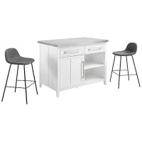 Crosley Furniture Silvia Kitchen Island With Stainless Steel Top And Riley Stools, White/Gray