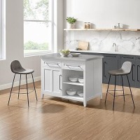 Crosley Furniture Silvia Kitchen Island With Stainless Steel Top And Riley Stools, White/Gray