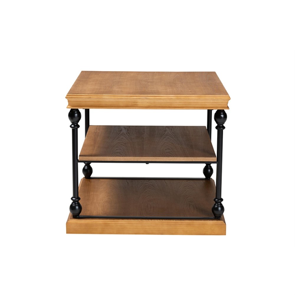 Baxton Studio Sebastian Traditional Industrial Oak Brown Finished Wood and Black Metal 3Tier End Table