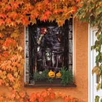 Fun Little Toys Halloween Screen Scary Witch Window Decorations Indoor Outdoor Halloween Hanging Door Wall Decorations Hallowe