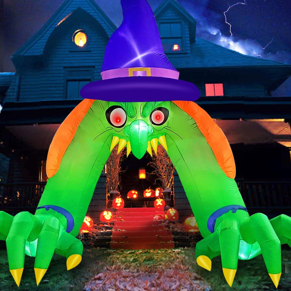 Micocah Halloween Inflatables 12Ft Green Witch Archway Outdoor Decorations With Glowing Red Eyes Buildin Leds Tethers Stakes